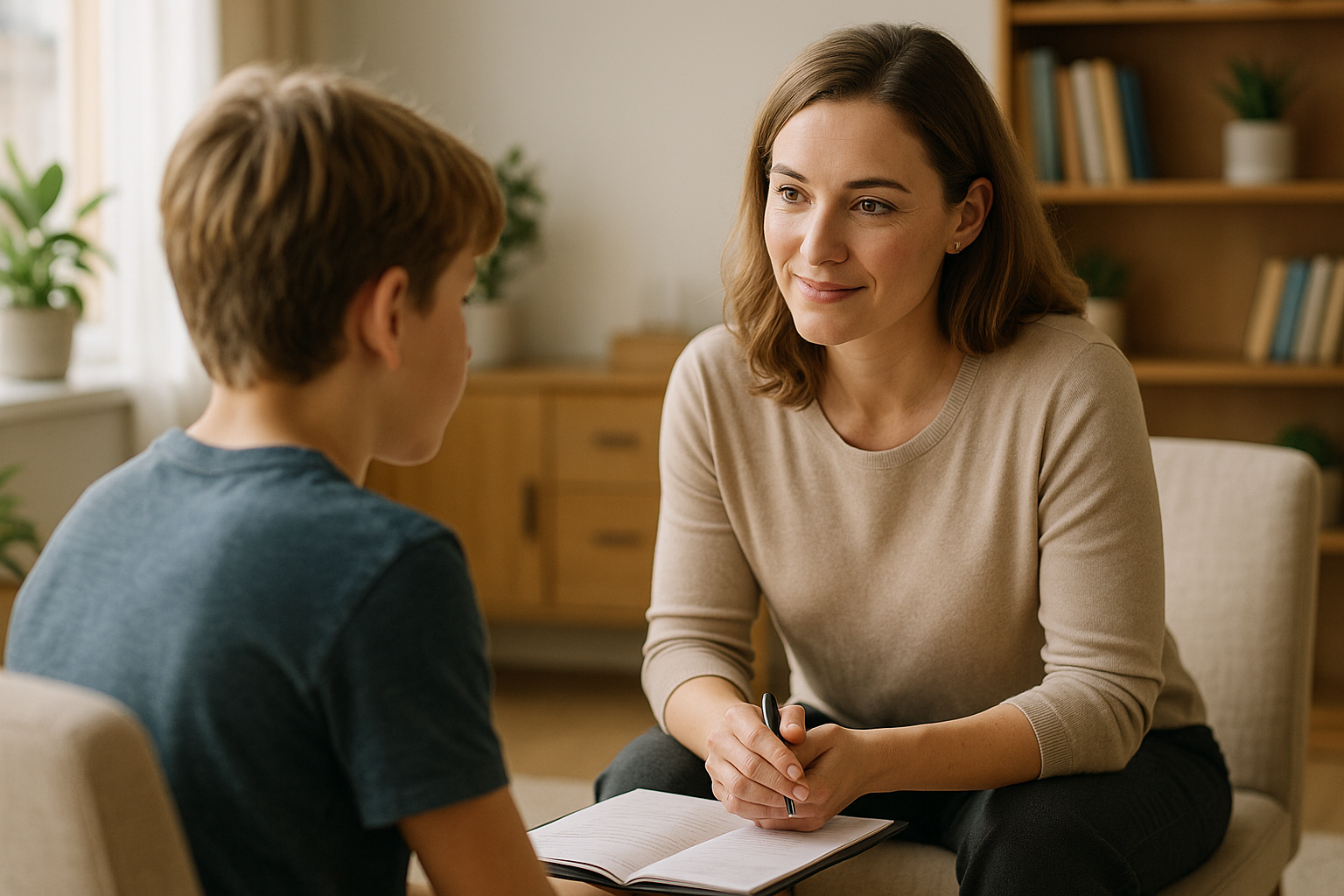 Schulpsychologin im Gespräch mit einem Kind: Vertrauensvolle, individuelle Beratung bei ADHS im Schulalltag.