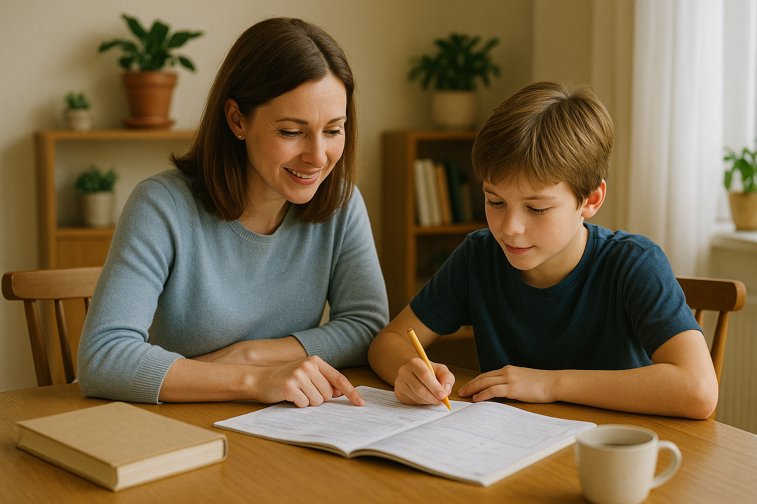 In einem hellen, ruhigen Raum begleitet eine Mutter ihren Sohn beim Lernen am Küchentisch. Mit viel Empathie und Struktur wird der Schulstoff gemeinsam bearbeitet – ein Symbol für die aktive Rolle der Eltern im ADHS-Coaching bei ADHS Kompass.