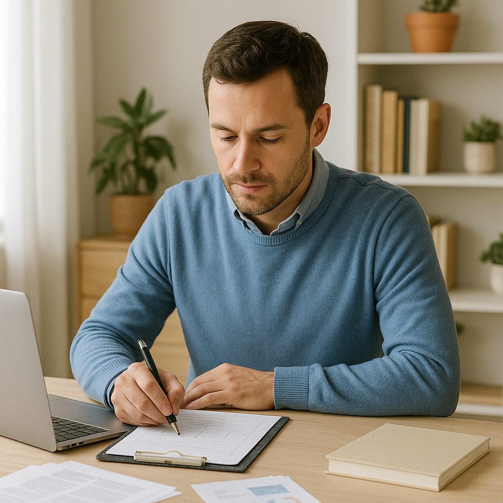 Ein professioneller Lerncoach bei der Planung individueller Lernziele: In einer lichtdurchfluteten Lernumgebung arbeitet er konzentriert an einem personalisierten Förderkonzept für Kinder mit ADHS – symbolisch für Struktur, Vertrauen und pädagogische Kompetenz.