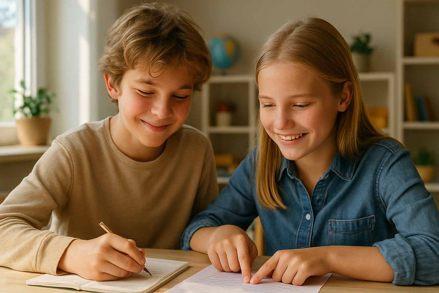 Zwei Kinder beim konzentrierten Lernen in heller, freundlicher Umgebung – effektive Lernbegleitung für Kinder mit ADHS im Schulalltag.