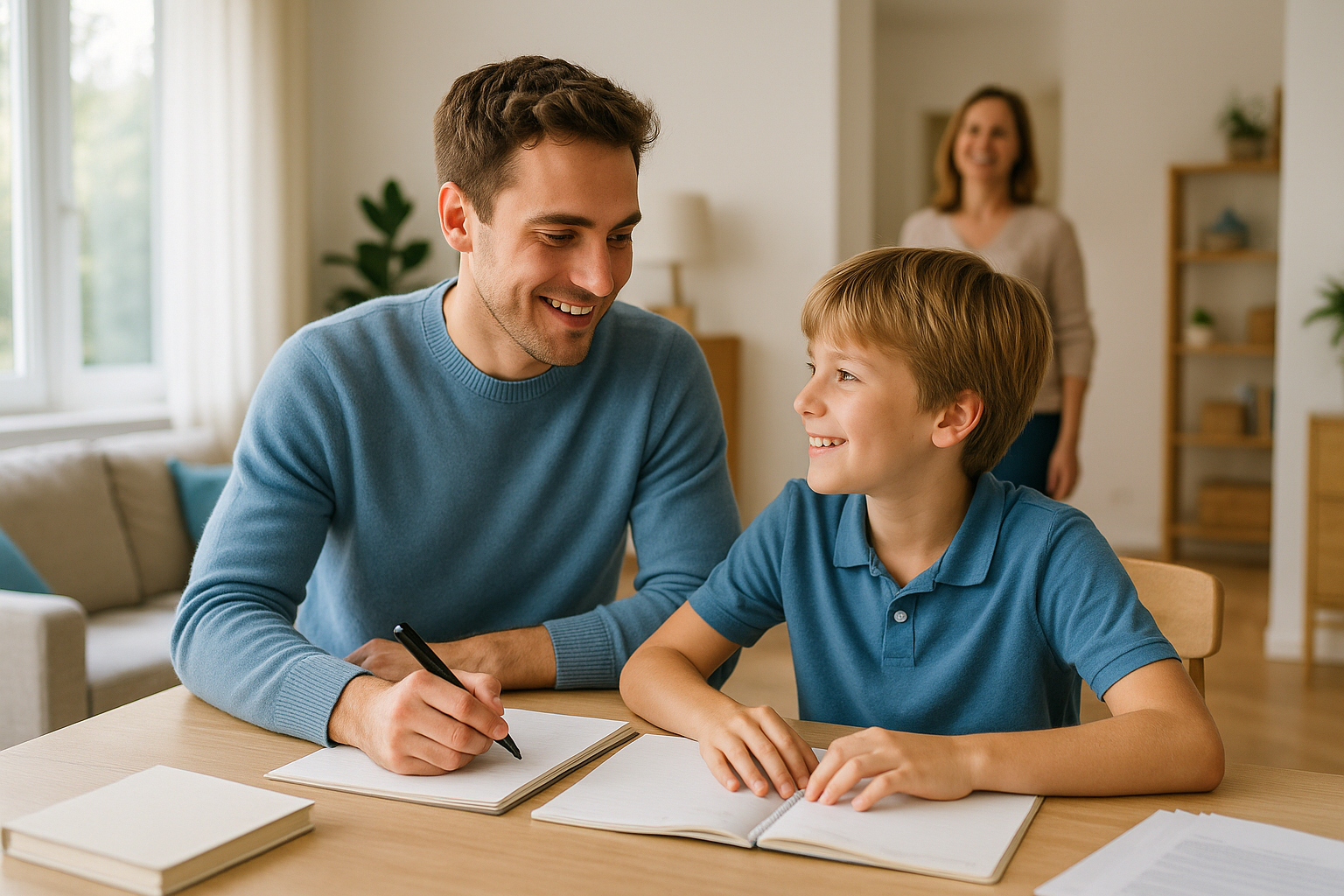 Hausunterricht mit ADHS-Tutor: Junge Lernbegleitung in blauem Pullover unterstützt Kind beim konzentrierten Arbeiten – Mutter beobachtet vertrauensvoll im Hintergrund.